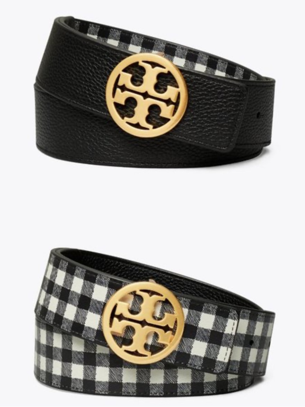 Tory Burch Black & White Gingham Belt with Gold Logo Buckle